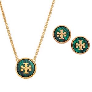 TORY BURCH • Semiprecious Stone Logo Necklace Earrings Set